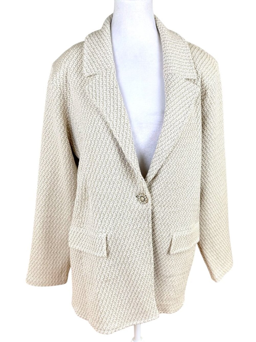 Chico’s Blazer Cream Gold Metallic Shimmer Jewel Button Textured Knit (XL)